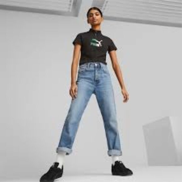 Puma Classic Quarter-Zip Tee Slim Fit Black with Green/White Logo Women's Small - Picture 1 of 5